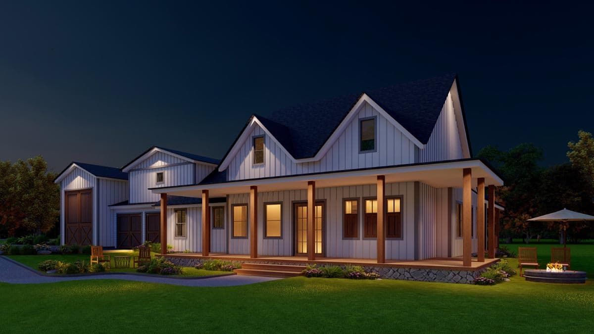 Modern Farmhouse house plan exterior with wrap-around porch, gables, and attached garage.
