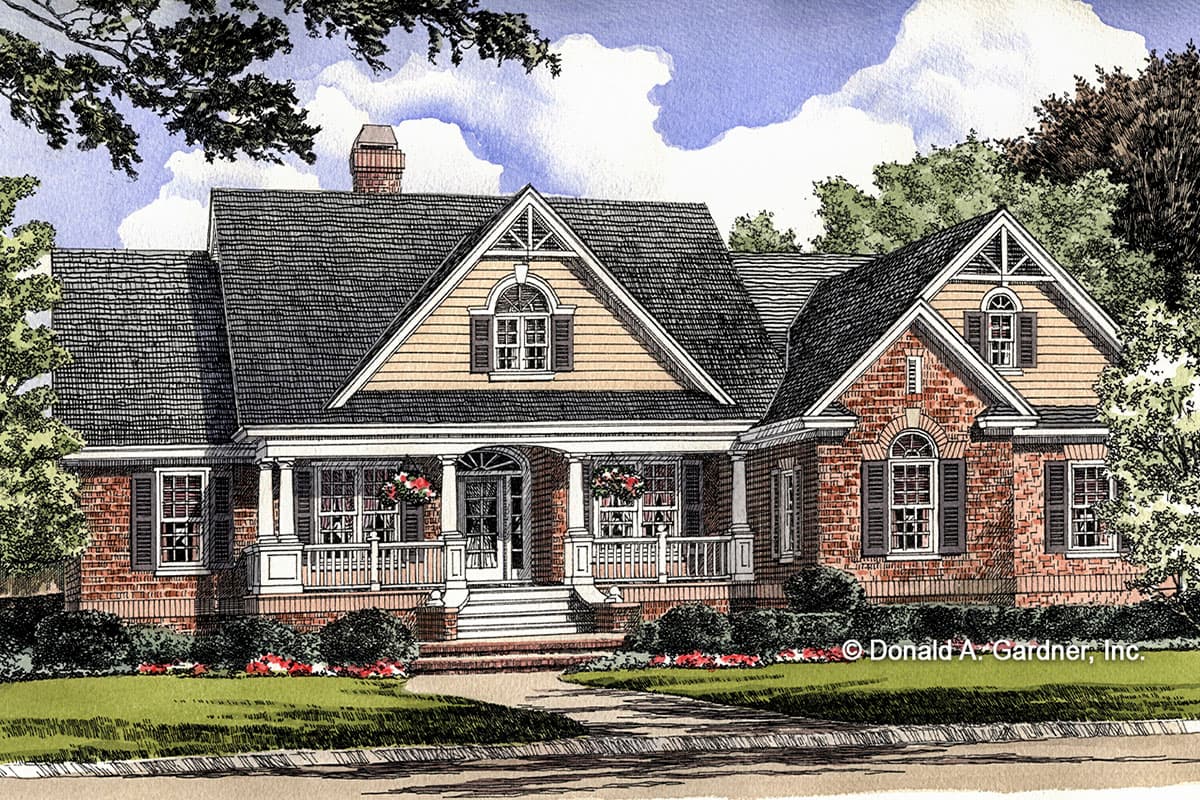 House plan exterior. Craftsman style with brick and siding facade. Features include a front porch, gables, and multiple rooflines.