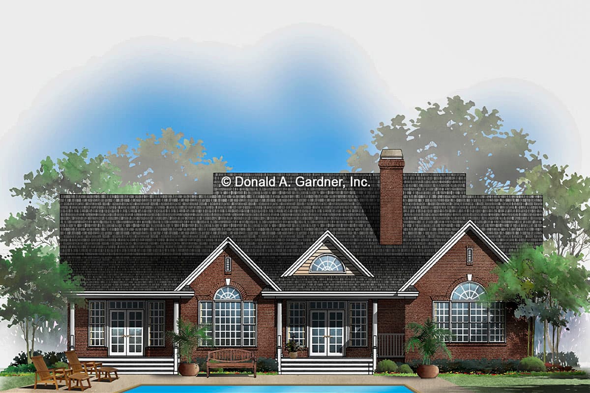 House plan exterior: one-story brick home with multiple gables, arched windows, a central covered porch, and a prominent chimney.