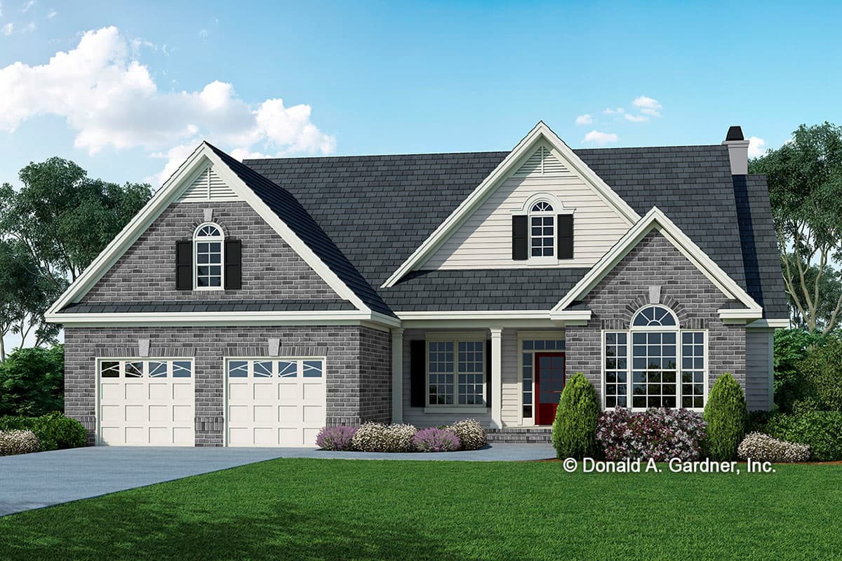 House plan exterior with brick facade, front-facing gables, a portico, and a two-car garage. Features a dark gray roof and arched windows.