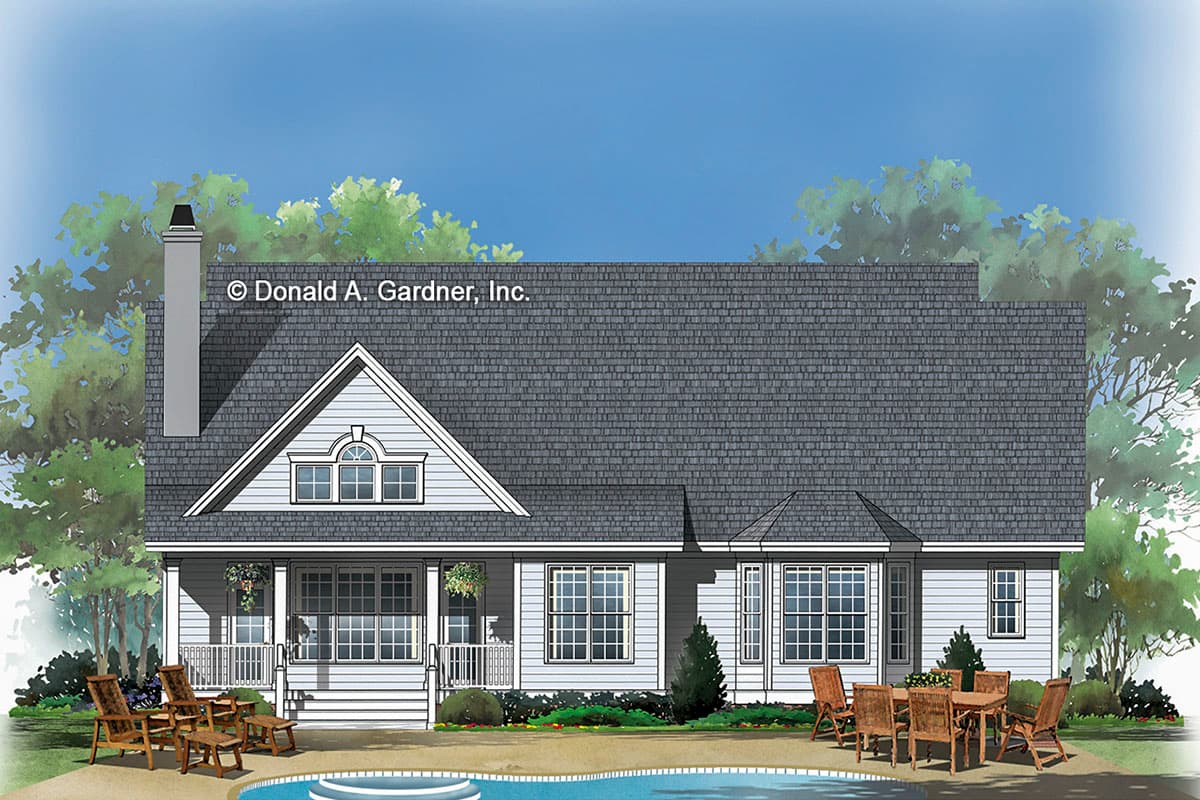 House plan exterior with gabled dormer, prominent chimney, and covered porch. One story.