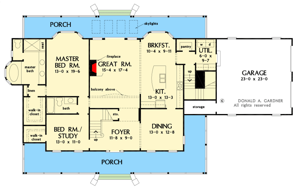 Plan 444318GDN: 4-Bed Country Farmhouse Plan with 7'-Deep Porches Front and Back - Floor Plan - Main Level - Country, Farmhouse, Southern, Traditional