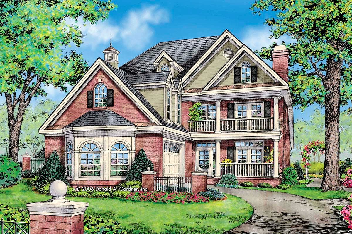 House plan exterior with brick facade, bay window, two-story porch with columns, and multiple gables.