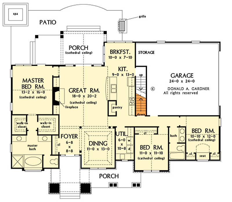 Plan 444320GDN: Rustic Craftsman Home Plan with Stone Portico and Bonus Expansion Upstairs - Floor Plan - Main Level - Basement Stairs Location - Country, Craftsman, Rustic, Traditional