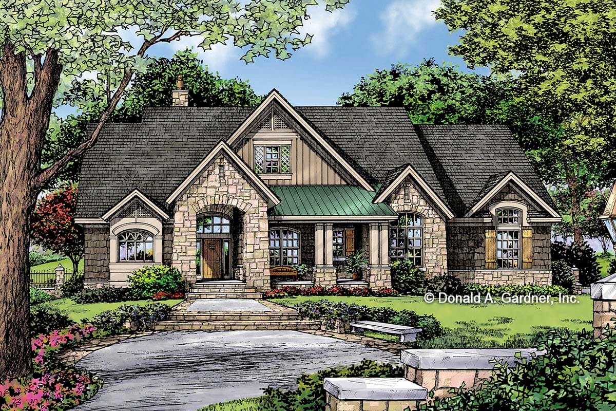 House plan exterior with stone and shingle siding, covered entry porch, multiple gables, and dormers. Two-story home with dark roof.
