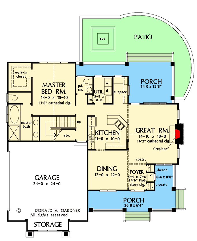 Plan 444322GDN: Attractive 3-Bed House Plan with Cathedral Ceilings in the Great Room and Master Suite - Floor Plan - Main Level - Country, Craftsman, New American