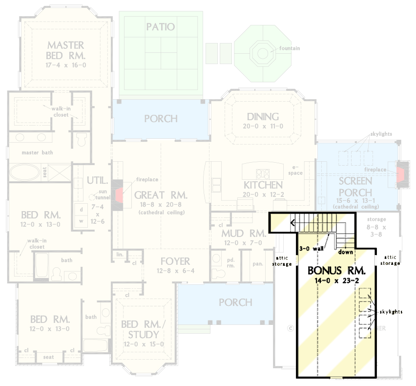 Plan 444325GDN: European-influenced Ranch Home Design with Multiple Fresh Air Spaces - Floor Plan - Optionally Finished Bonus Level - European, Ranch, Rustic