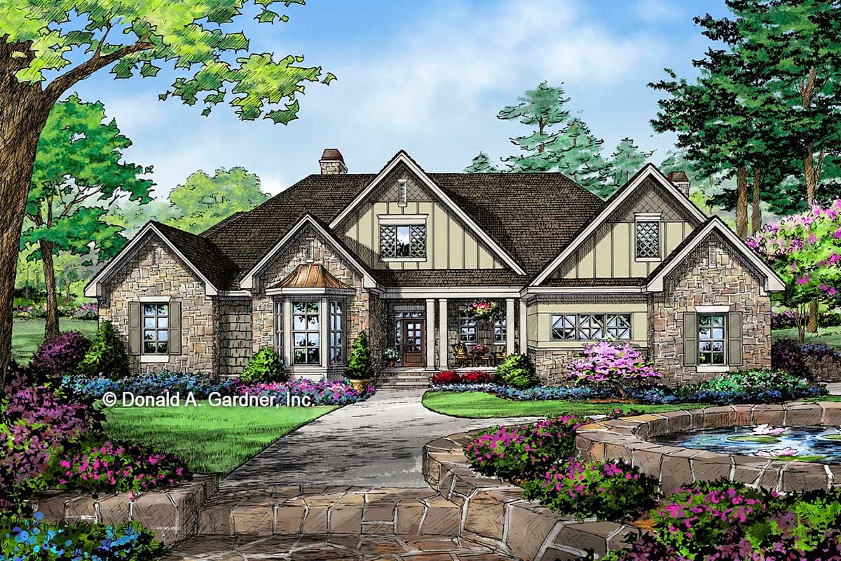 House plan exterior. Craftsman style, single story. Features stone facade, gabled roof, a front porch with columns, and a bay window.