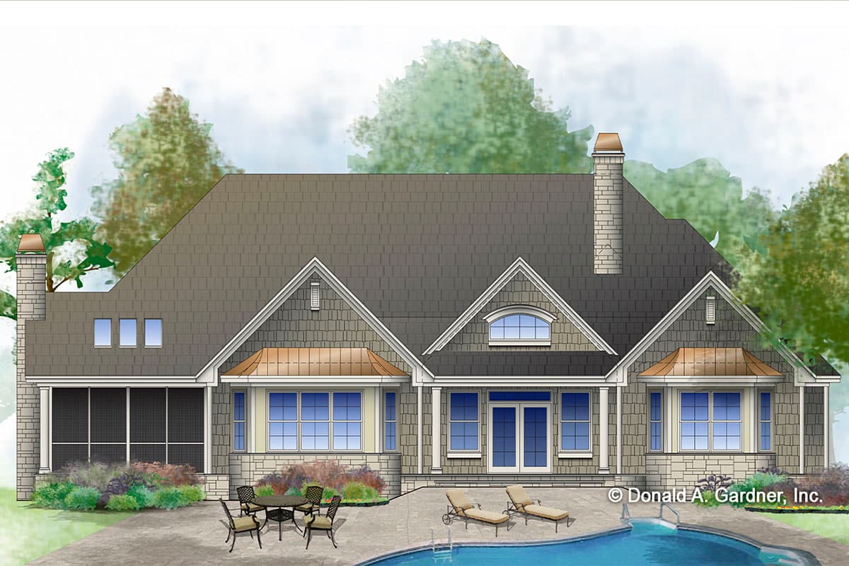House plan exterior: Ranch-style home with multiple gables, stone accents, screened porch, and a prominent brick chimney.