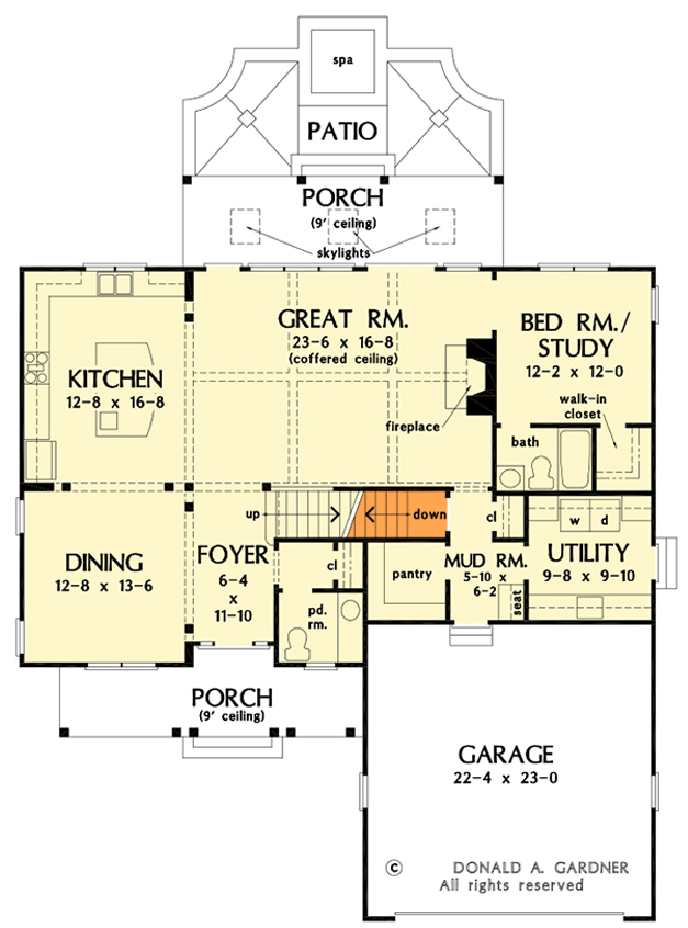 Plan 444326GDN: Fifty-foot-Wide Country Home Plan with Bonus Expansion Above 2-Car Garage - Floor Plan - Main Level - Basement Stairs Location - Country, Traditional