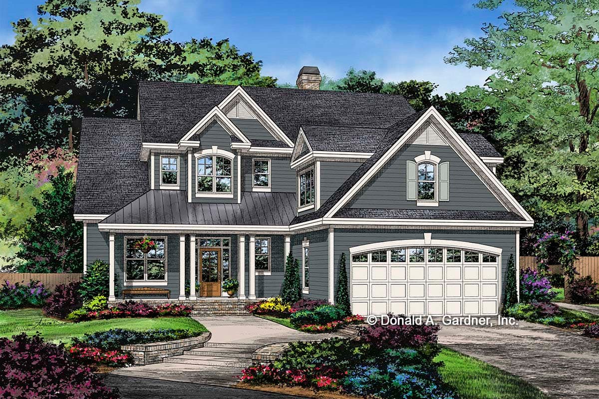 House plan exterior rendering. Two-story, Craftsman style with a gabled roofline, front porch with columns, and attached garage.