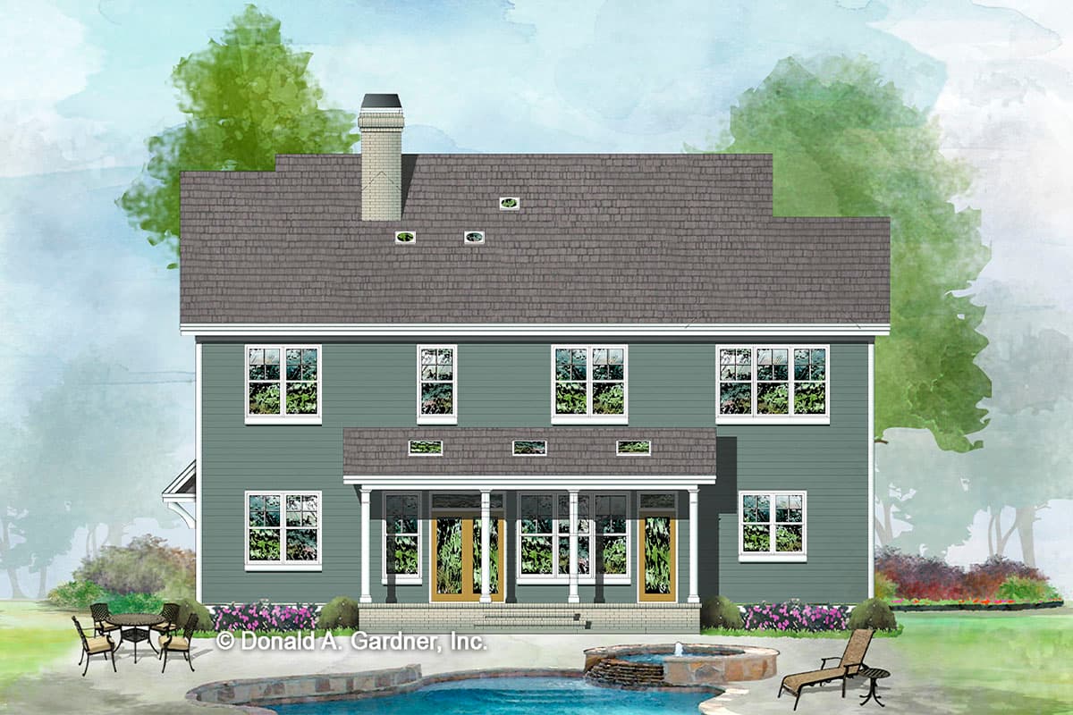 House plan exterior: Two-story house with central covered porch, multiple windows, and prominent chimney.