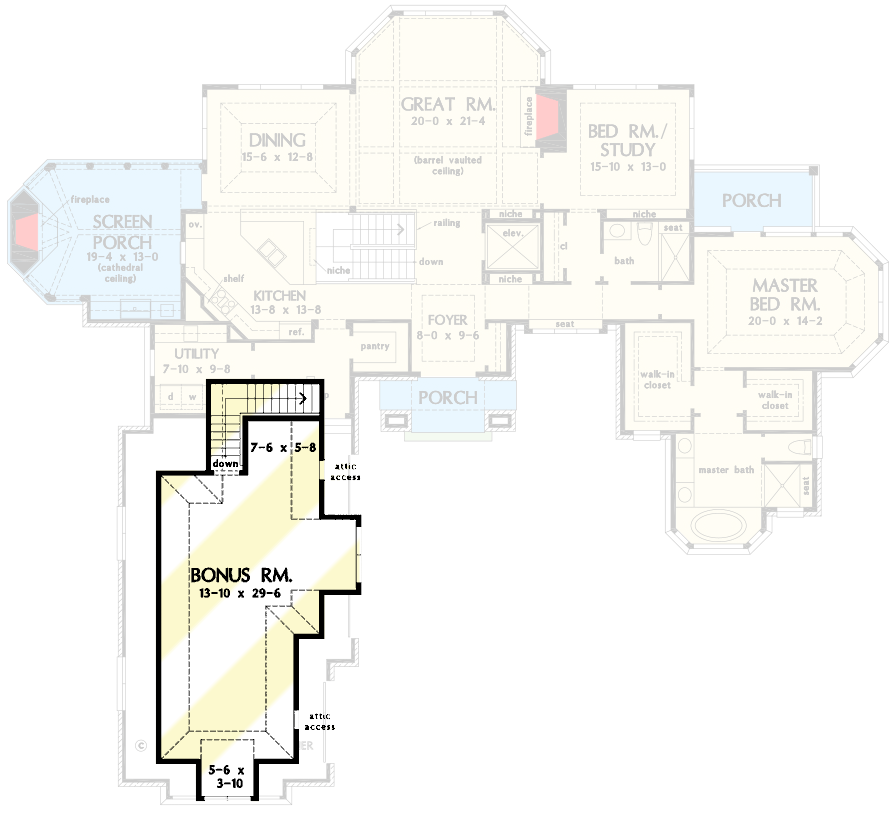 Plan 444329GDN: Tudor-influenced Walkout Basement Home Plan with Elevator - Floor Plan - 2nd Floor - European, Tudor