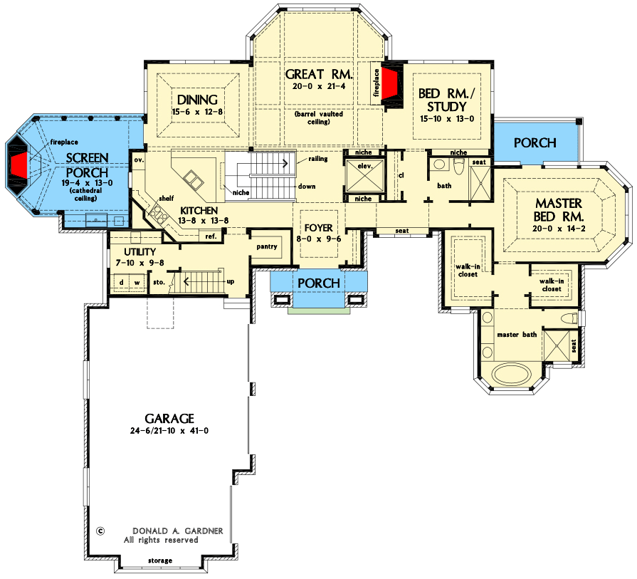 Plan 444329GDN: Tudor-influenced Walkout Basement Home Plan with Elevator - Floor Plan - Main Level - European, Tudor