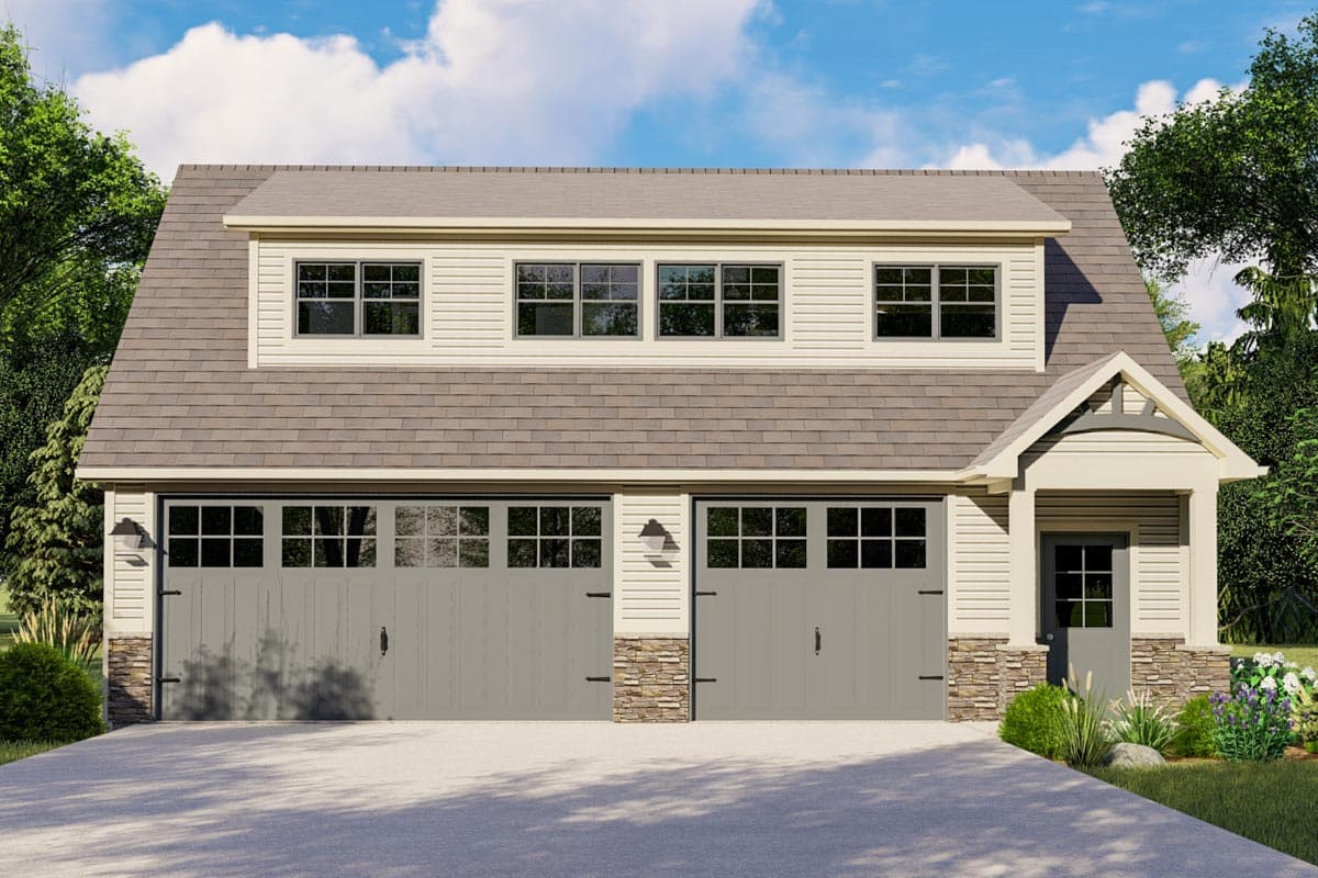 House plan exterior. Two-story garage with two garage doors and a small entry porch. Dormers are visible, with a gable roofline.