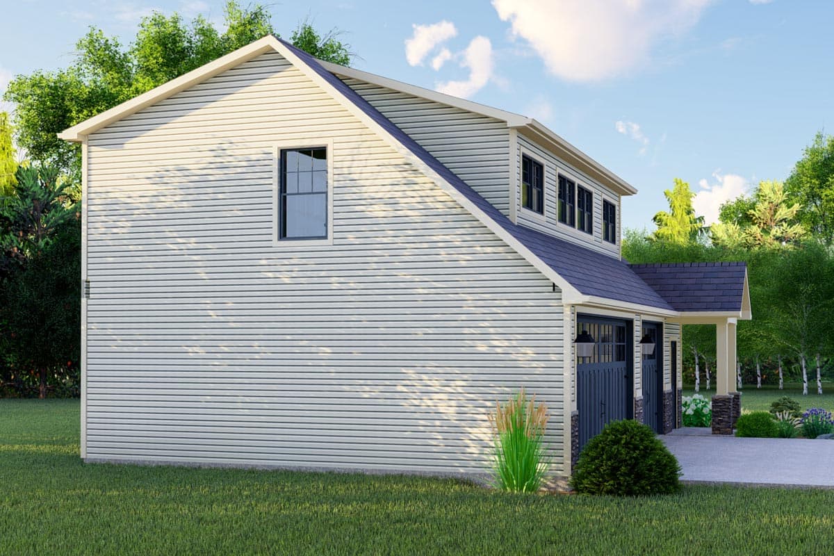 House plan exterior, two stories, with gabled roof, dormers, and a covered entry with stone pillars.