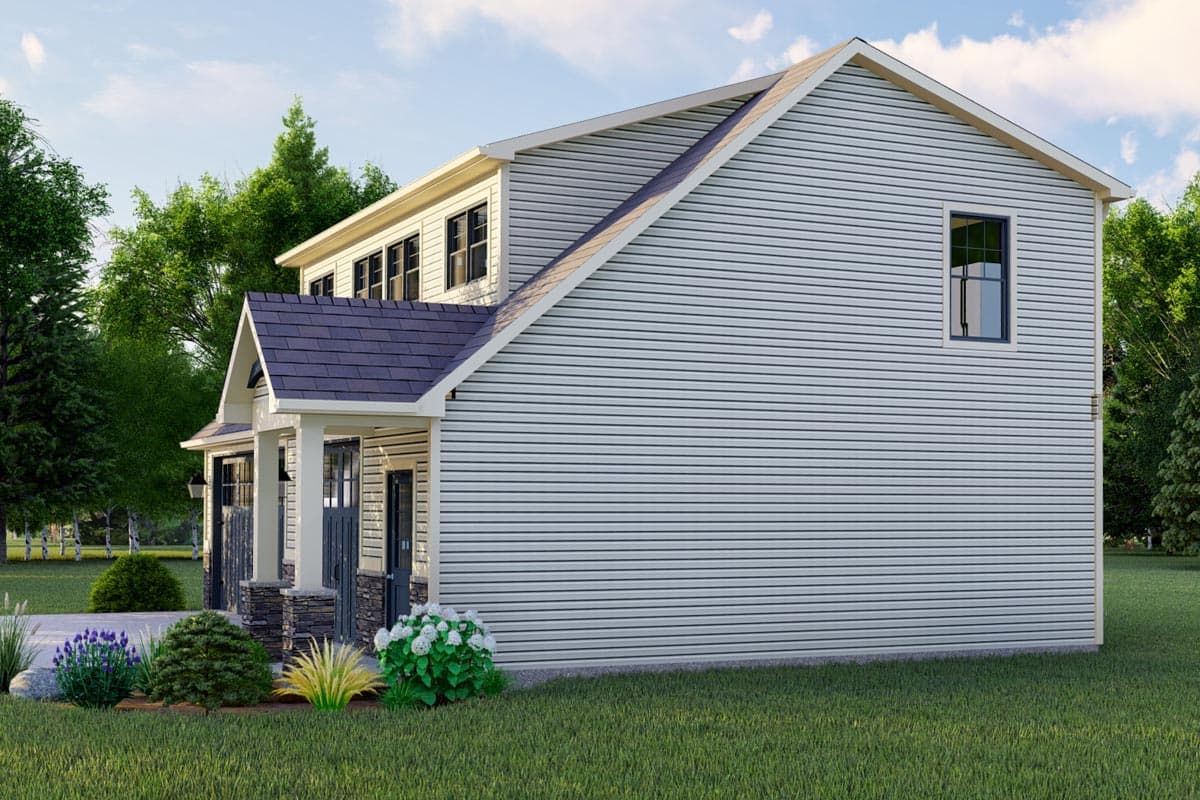 House plan exterior: Two-story modern home with gabled entrance, stone base, and horizontal siding.