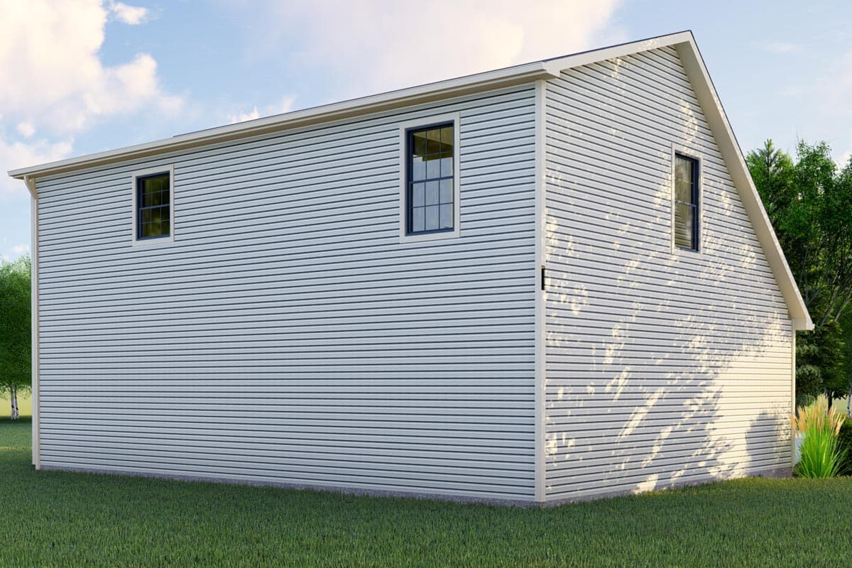 House plan exterior: Two-story structure with white horizontal siding, gabled roof, and three visible windows.