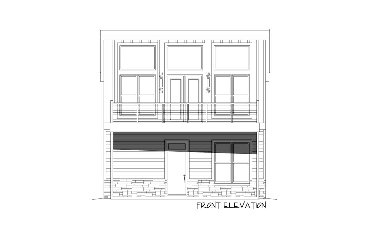 Front elevation drawing of a two-story house plan with stacked windows, balcony, and mixed siding and stone exterior.
