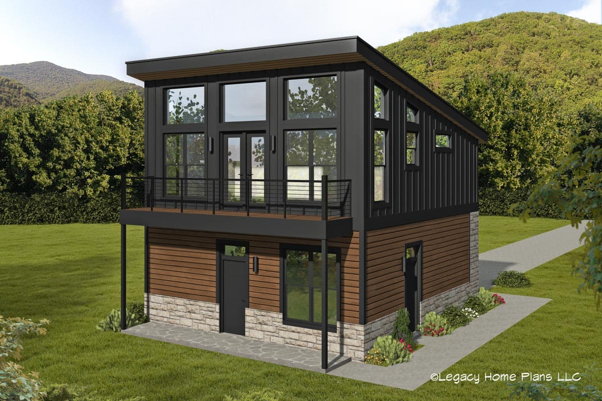 House plan exterior with modern style, two stories, balcony with metal railing, large windows, and flat roofline.