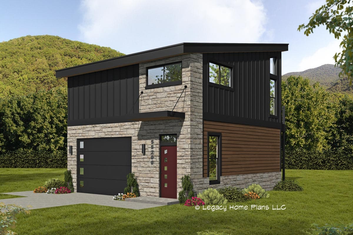 Modern house plan exterior with stone and vertical siding, a sloped roof, and an attached garage.