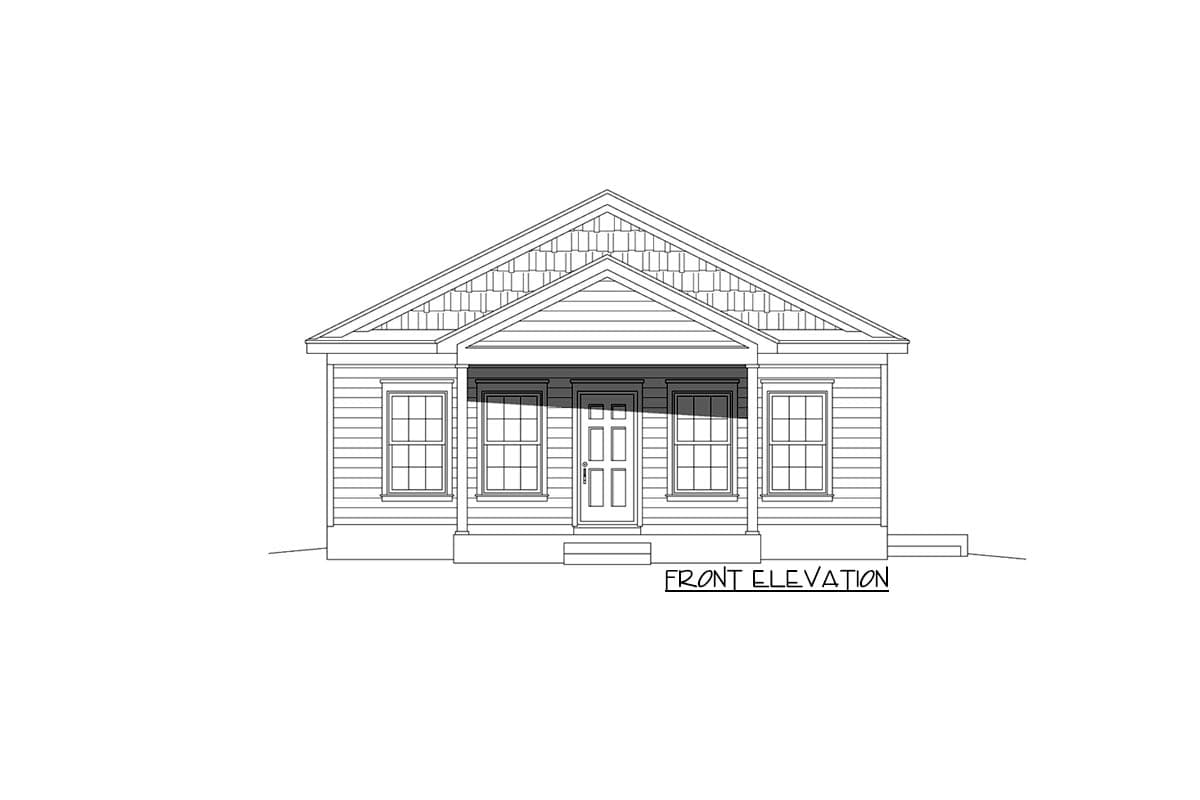 Front elevation drawing of a one-story house with a covered porch, double front doors, and double-hung windows.