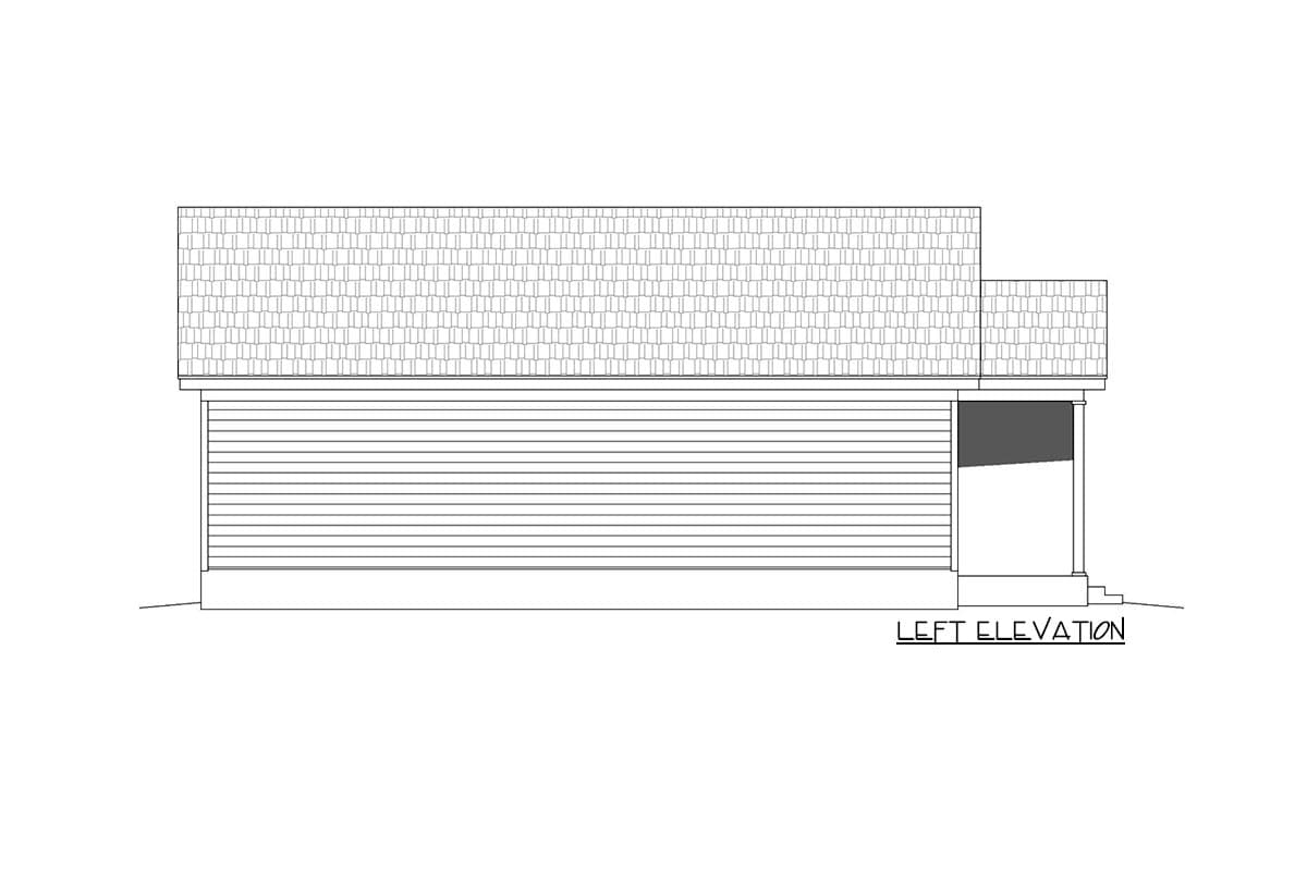 Left elevation drawing of a house plan with horizontal siding, a gable roof, and a covered entryway.
