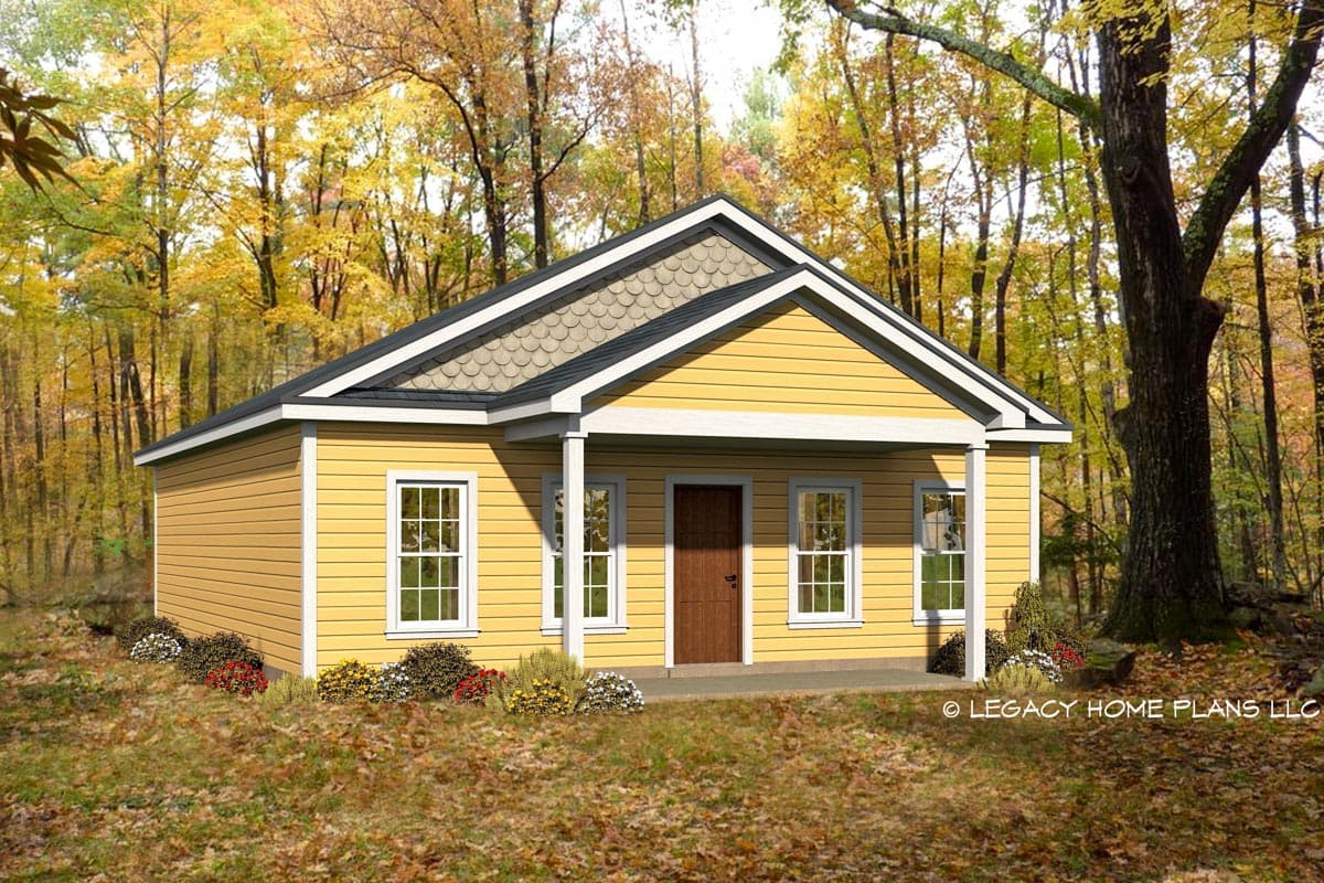 House plan exterior. One-story structure with a gable roof. Features include a front porch, wood siding, and decorative roof shingles.