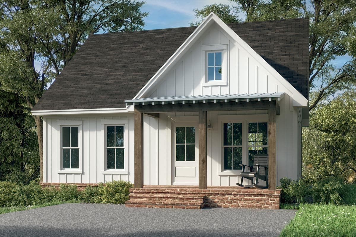 House plan exterior. Modern farmhouse style with a single story, gable roof, covered porch, and board-and-batten siding.