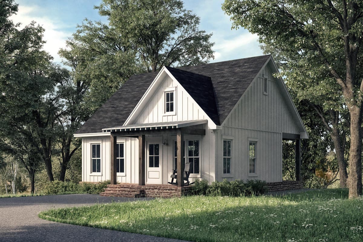 Modern Farmhouse house plan exterior: two stories, gable dormer, covered front porch with wood beams, vertical siding.