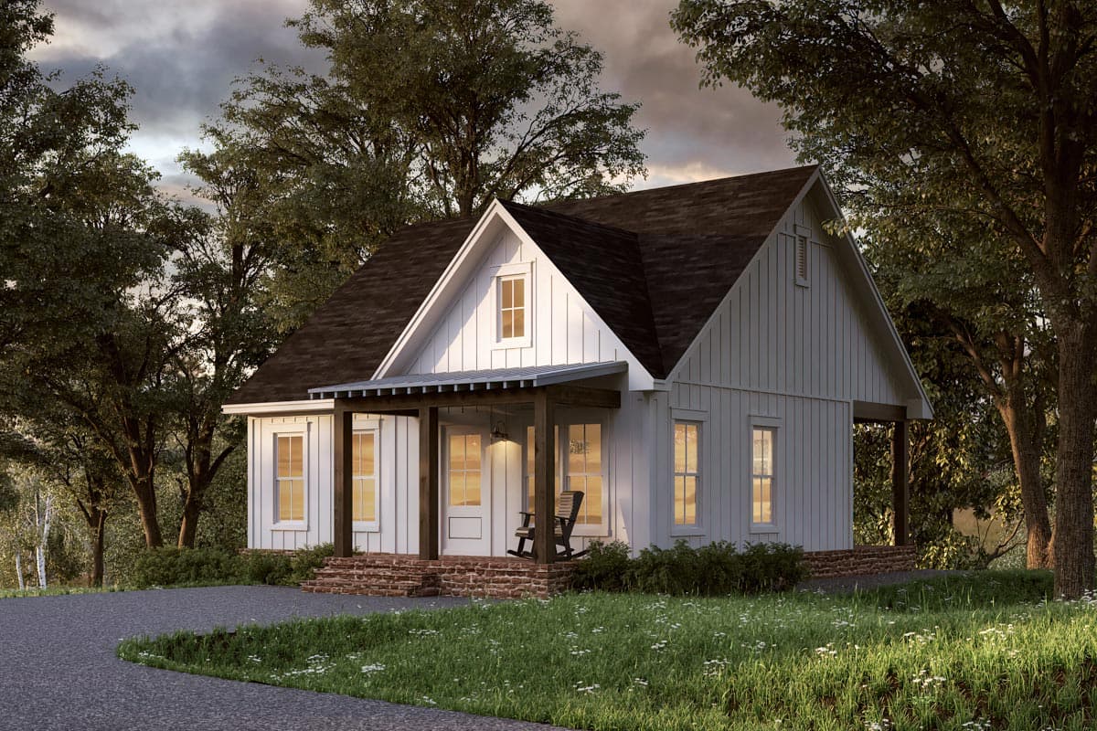 Modern Farmhouse house plan exterior with a gabled roof, board-and-batten siding, and a covered porch with wood columns.