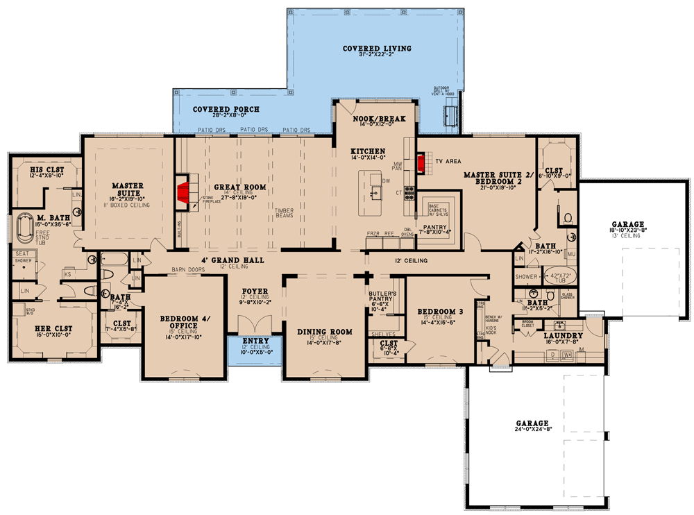 Plan 70755MK: One-level Country Estate with Two Master Suites  - Floor Plan - Main Level - European, Traditional