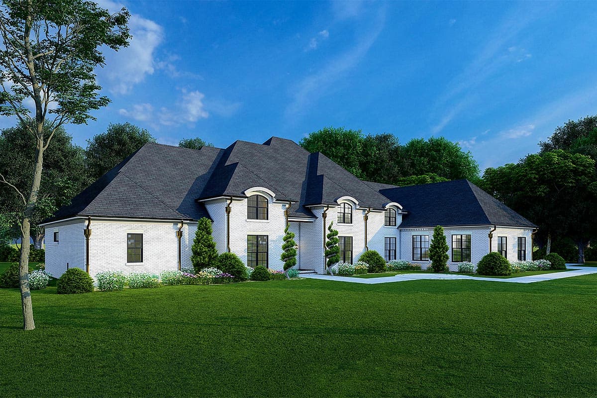 House plan exterior rendering of a two-story brick home with a dark hip roof, arched dormers, and multiple gables.