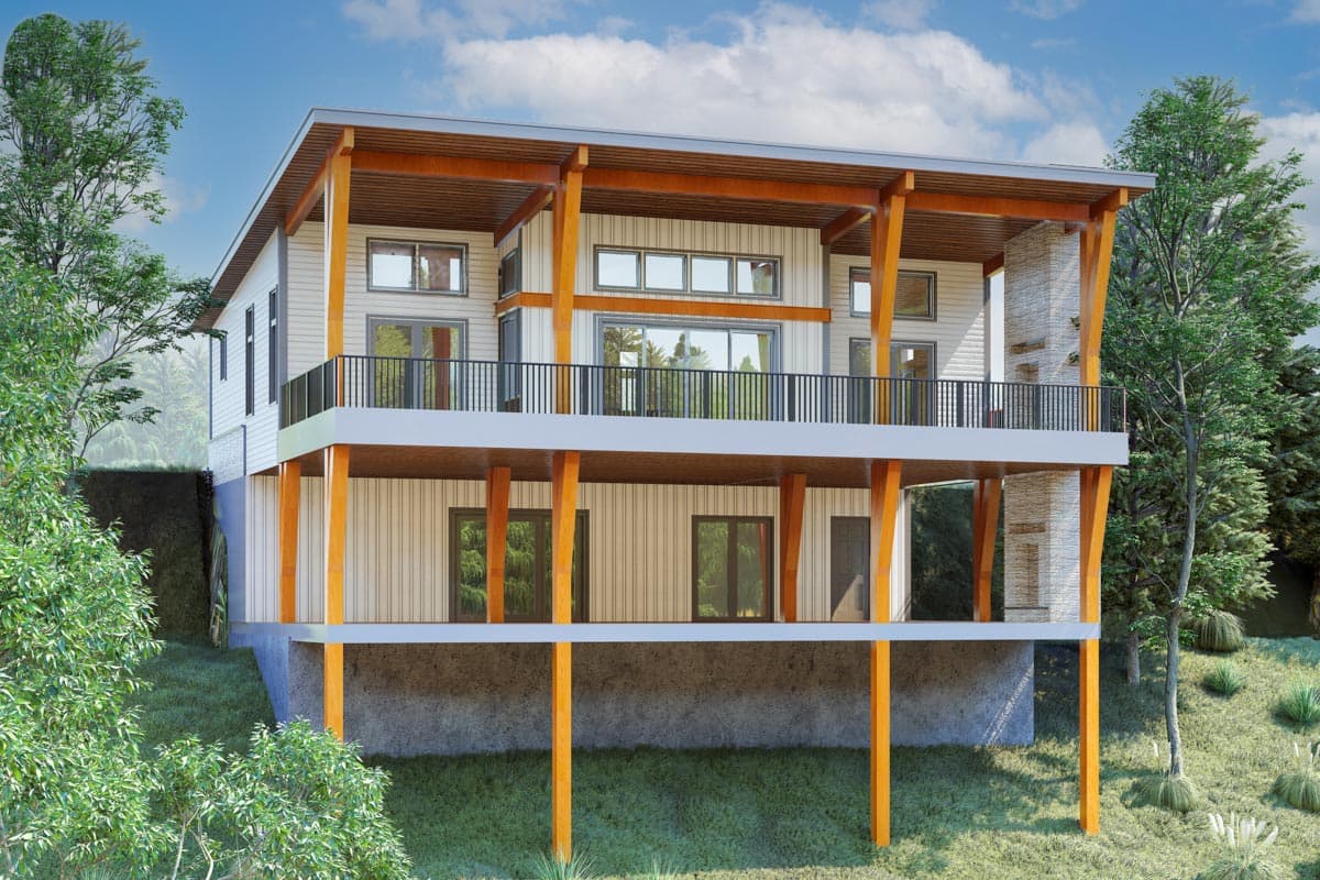 Modern house plan exterior with two stories, a wrap-around deck, exposed timber beams, and a flat roof.