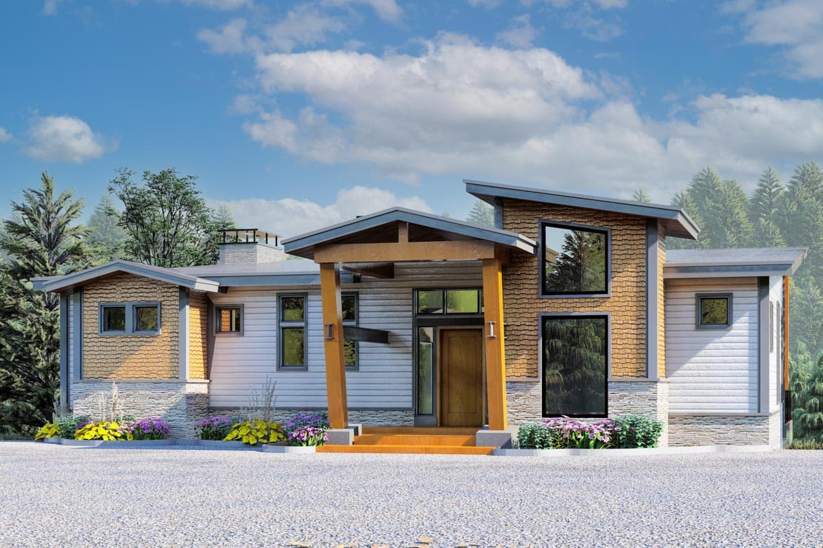 House plan exterior with two stories and a modern style. Features include a covered porch, wood shake siding, and a low-slope roof.