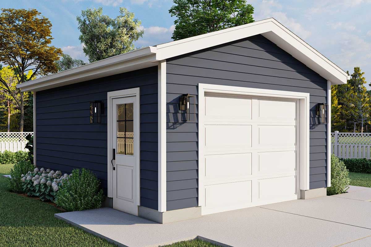 House plan exterior with gable roof, single-car garage, and a side entry door. Features exterior sconces and horizontal siding.