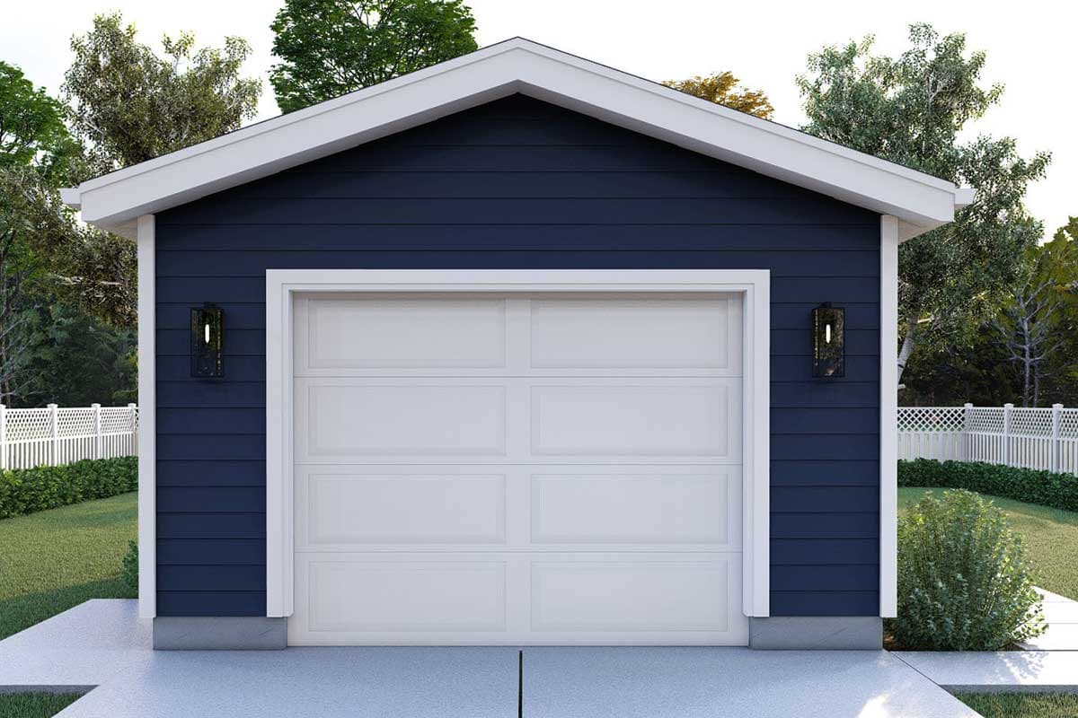 House plan exterior: single-story garage with dark blue siding, white trim, a white garage door, and modern wall lanterns.