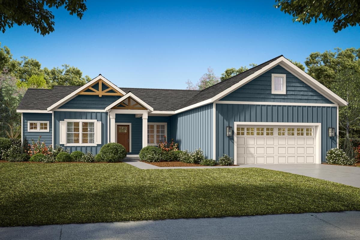 House plan exterior view, one-story Craftsman style home with front-facing gabled roof, prominent front porch, and attached garage.