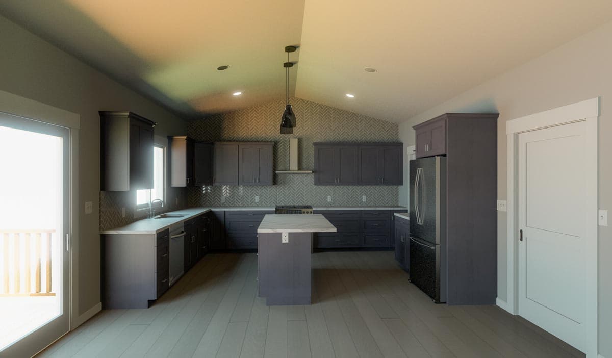 Contemporary kitchen with dark cabinets, a herringbone backsplash, an island, and vaulted ceilings.