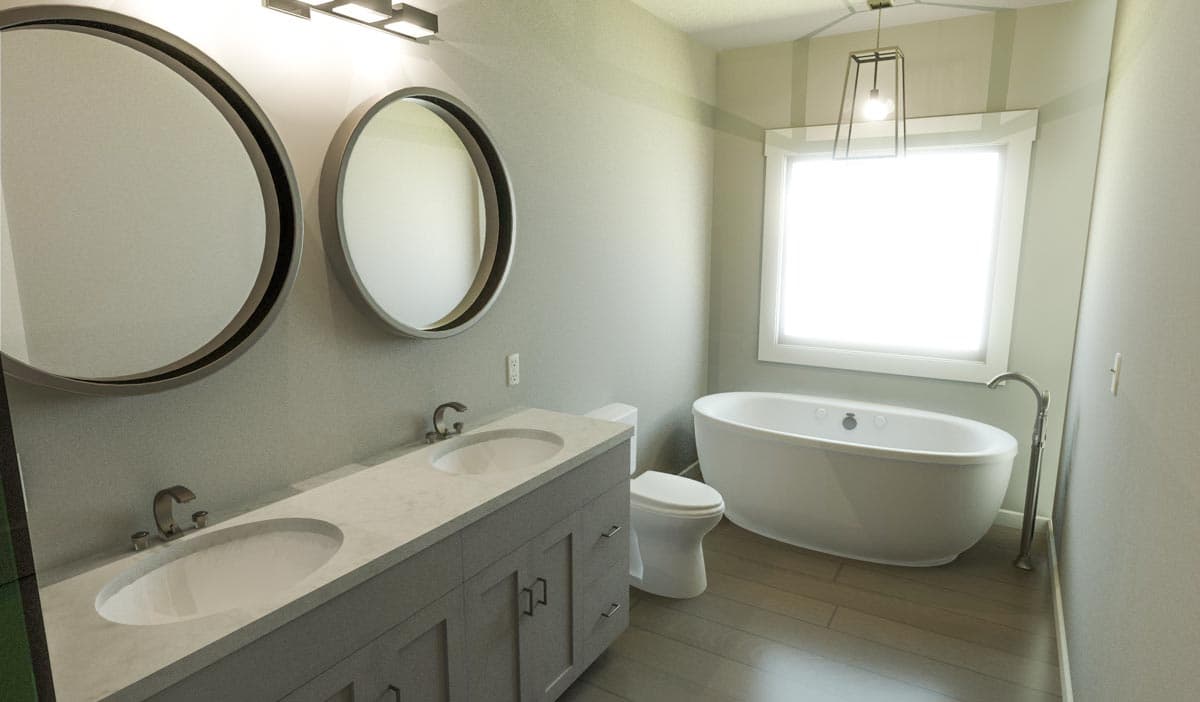 Bathroom with double vanity, oval mirrors, freestanding soaking tub, and large window.