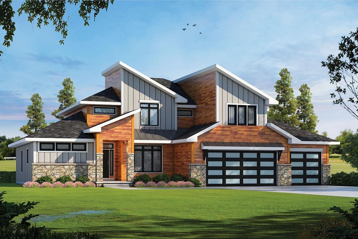 House plan exterior. Two-story Modern house with board and batten siding, multiple gables, and a glass-paneled garage door.