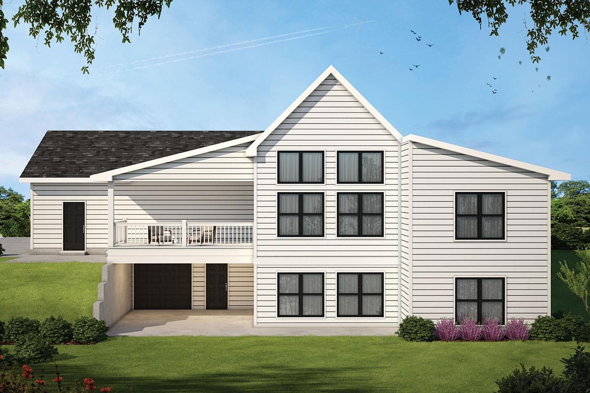 House plan exterior, Modern style, three stories, side-facing garage, deck, and prominent gabled roofline.