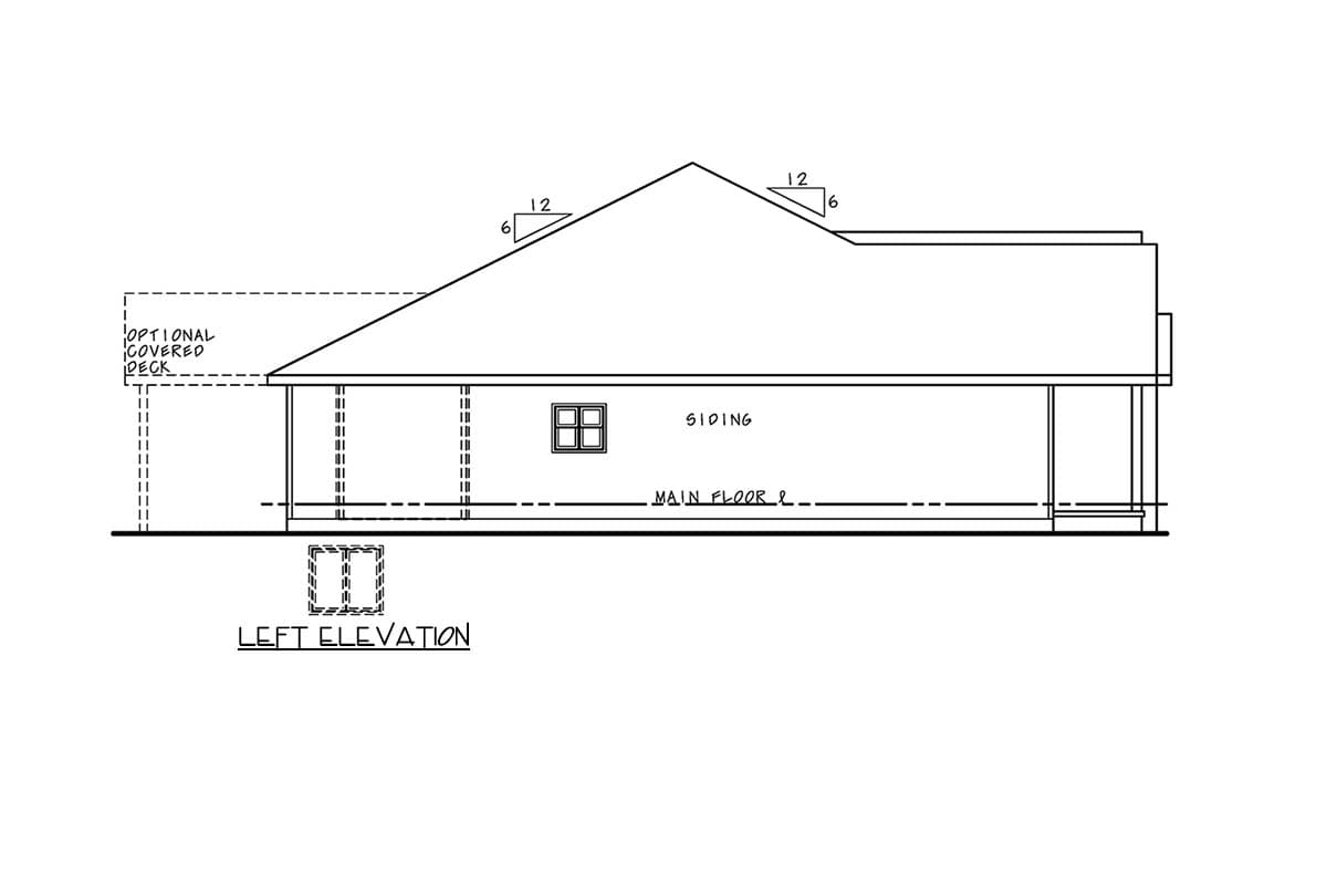 Left elevation of house plan showing main floor, siding, and optional covered deck with a sloped roof.