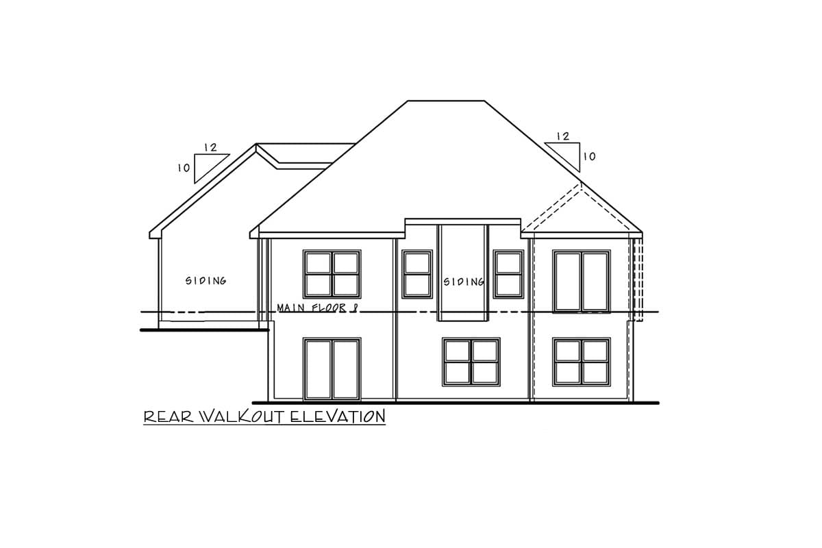 Rear walkout elevation drawing shows a two-story house with siding, multiple windows, and varied rooflines.