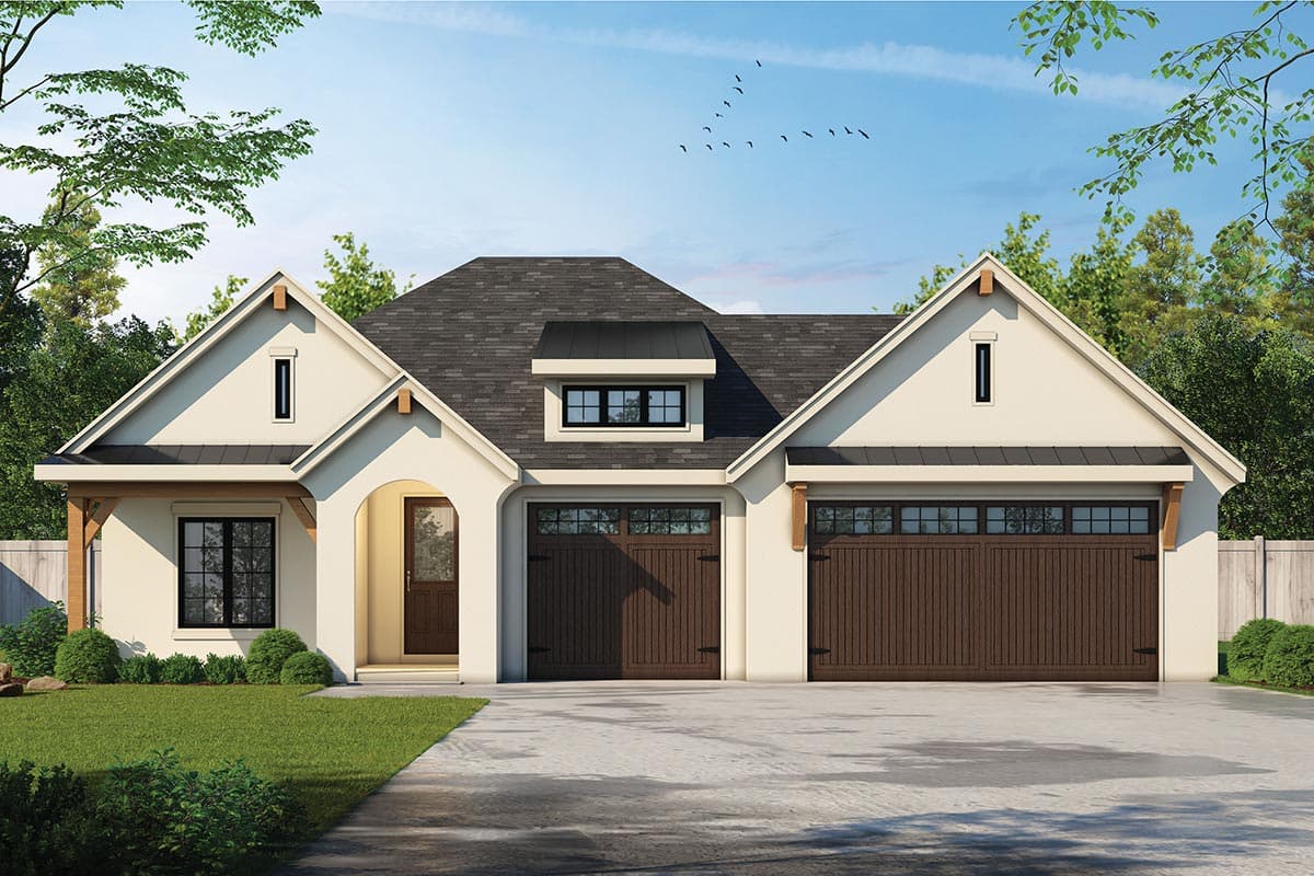 House plan exterior. One-story home with Craftsman style. Features include gables, a covered entryway, and a two-car garage.