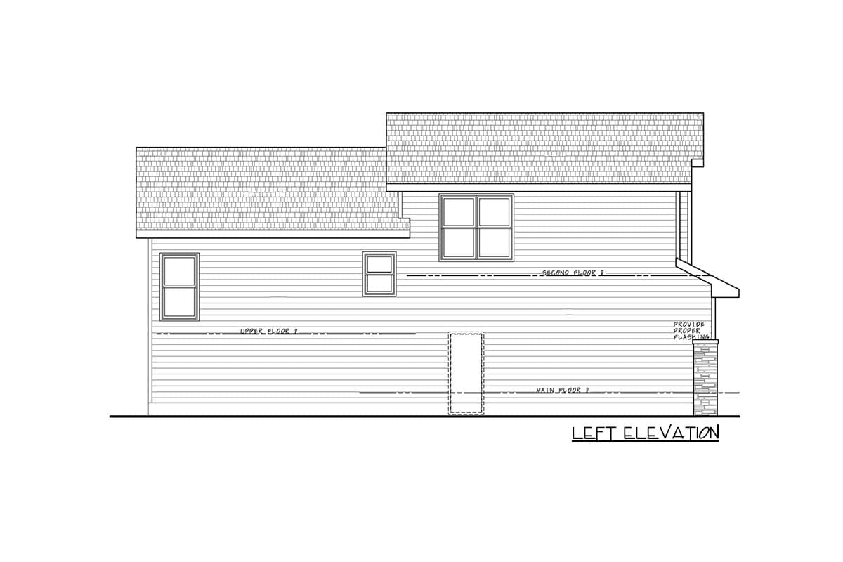 Left elevation drawing of a two-story house plan with horizontal siding, dormer, and stone foundation detail.