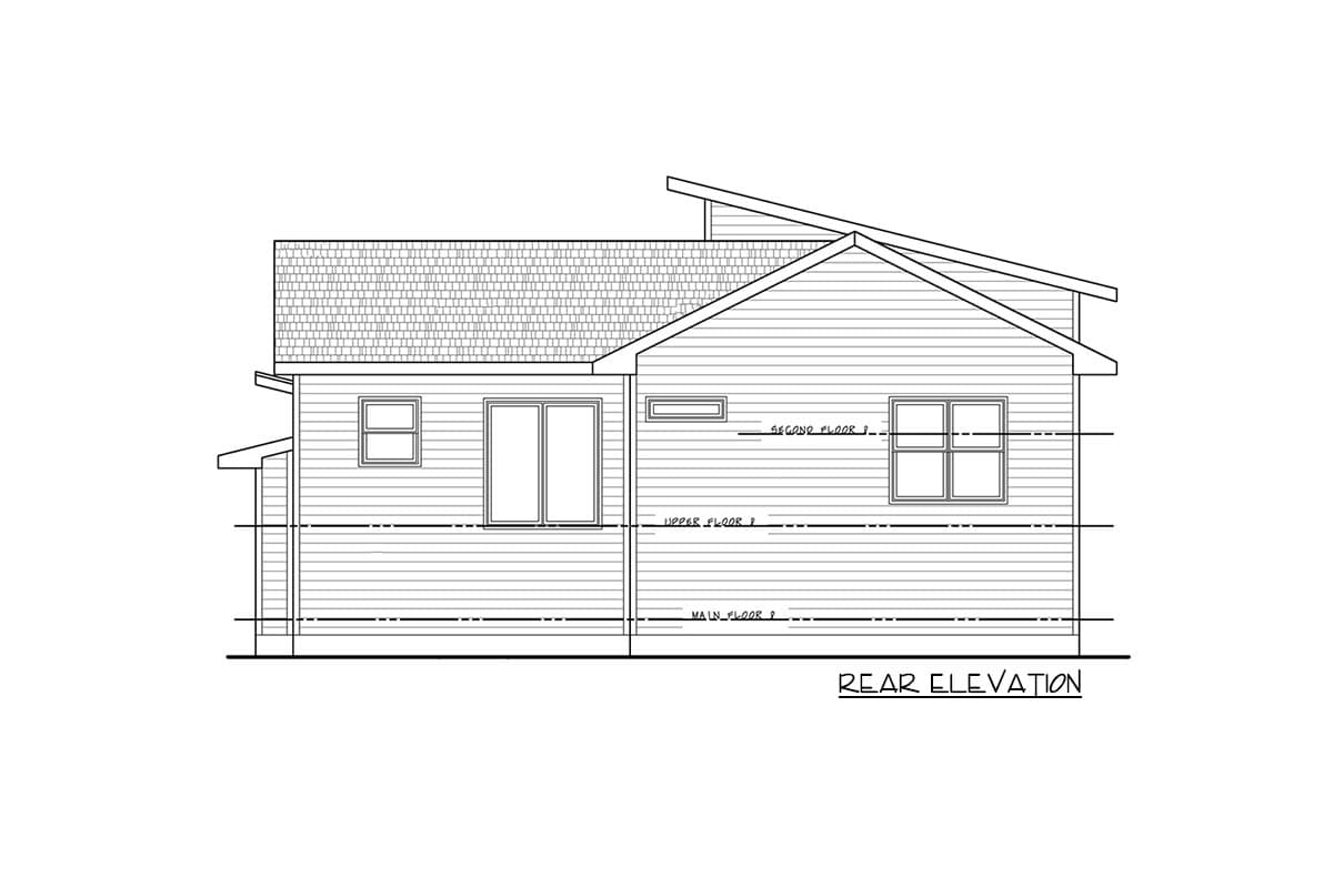 Rear elevation house plan with a pitched roof, siding, and multiple windows across two stories.