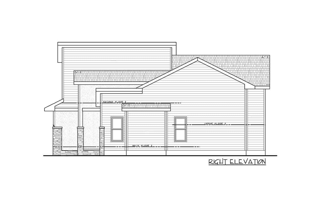 House plan right elevation drawing showing stacked siding, varied roof pitches, covered entry, and stone-clad columns.
