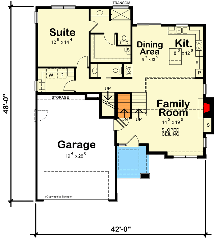 Plan 42720DB: Contemporary House Plan with Main Level Master Suite and 2 Upstairs Bedrooms - 1649 Sq Ft - Floor Plan - Main Level - Contemporary, Modern
