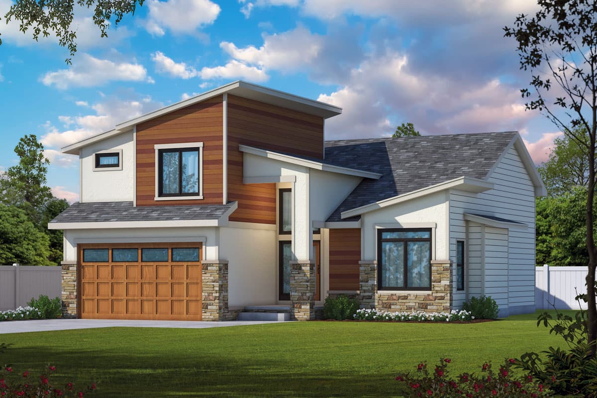 House plan exterior with modern design. Features include mixed siding, gabled roof, stone accents, and an attached garage. Two-story house.